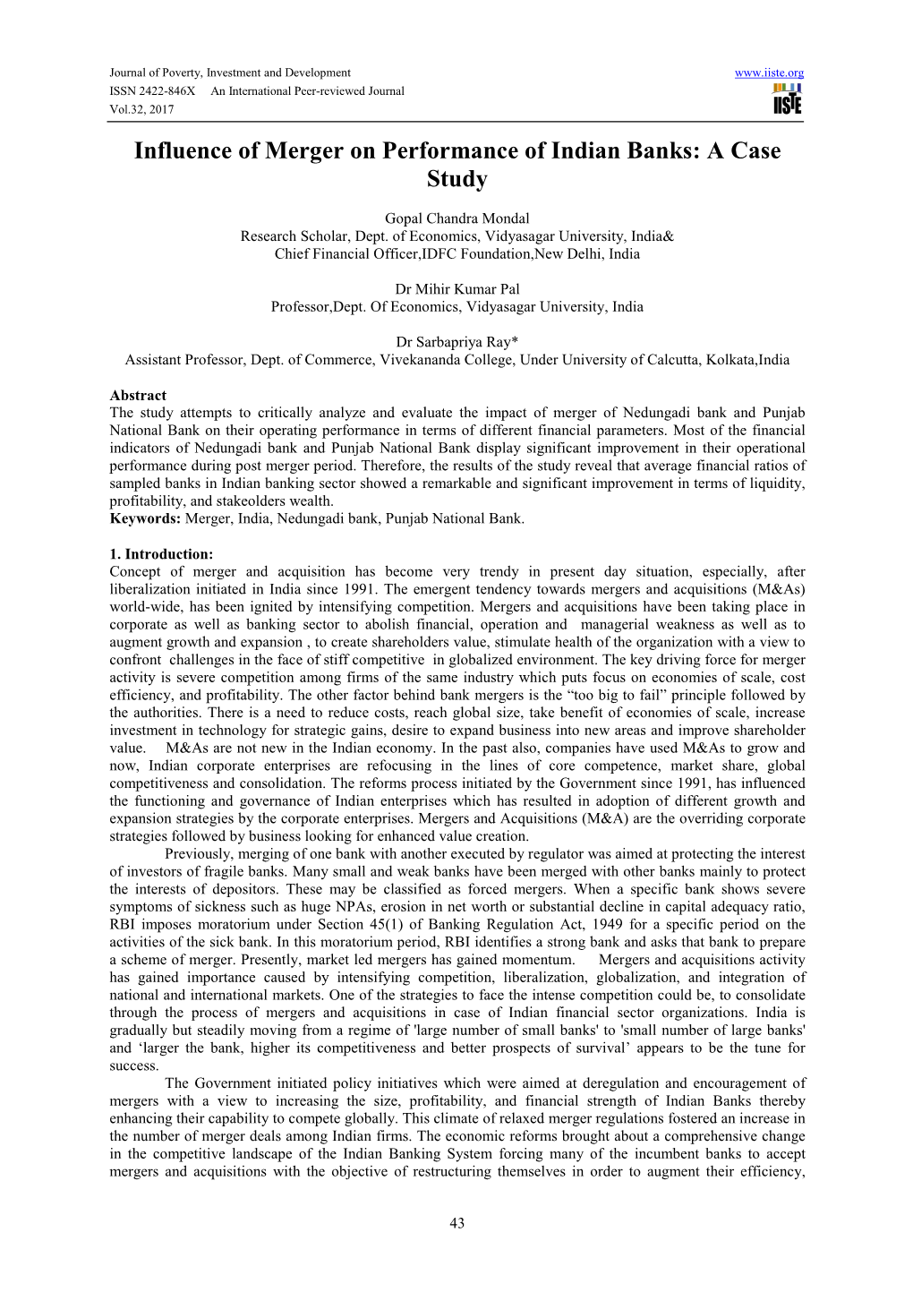 Influence of Merger on Performance of Indian Banks: a Case Study