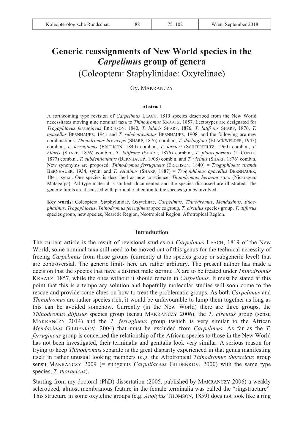 Generic Reassignments of New World Species in the Carpelimus Group of Genera (Coleoptera: Staphylinidae: Oxytelinae)