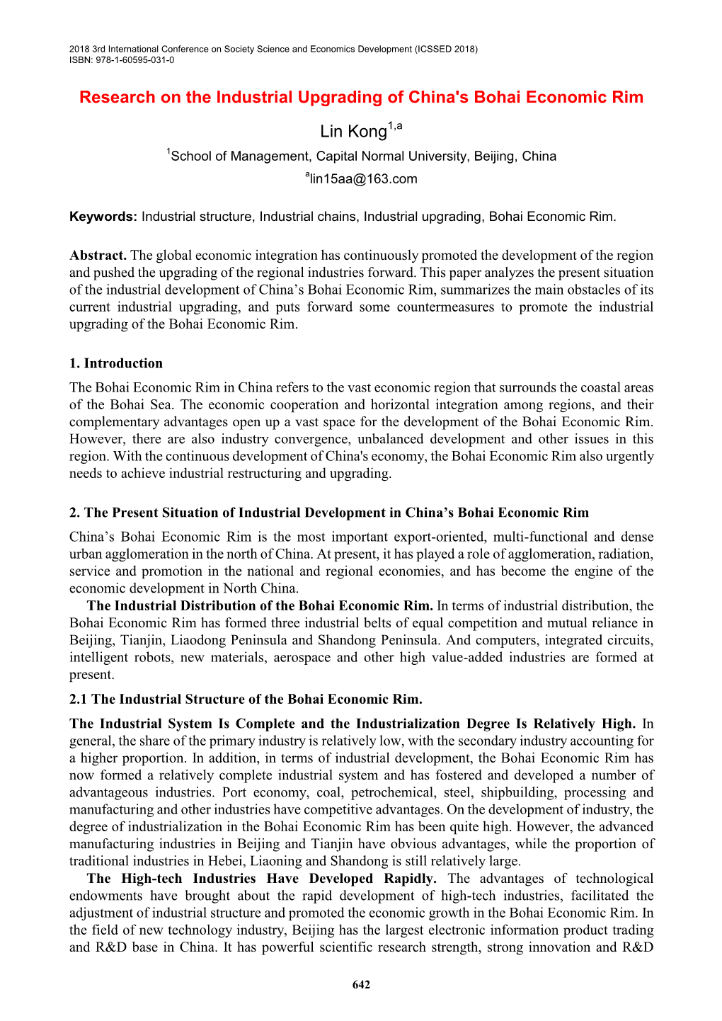 Research on the Industrial Upgrading of China's Bohai Economic Rim Lin
