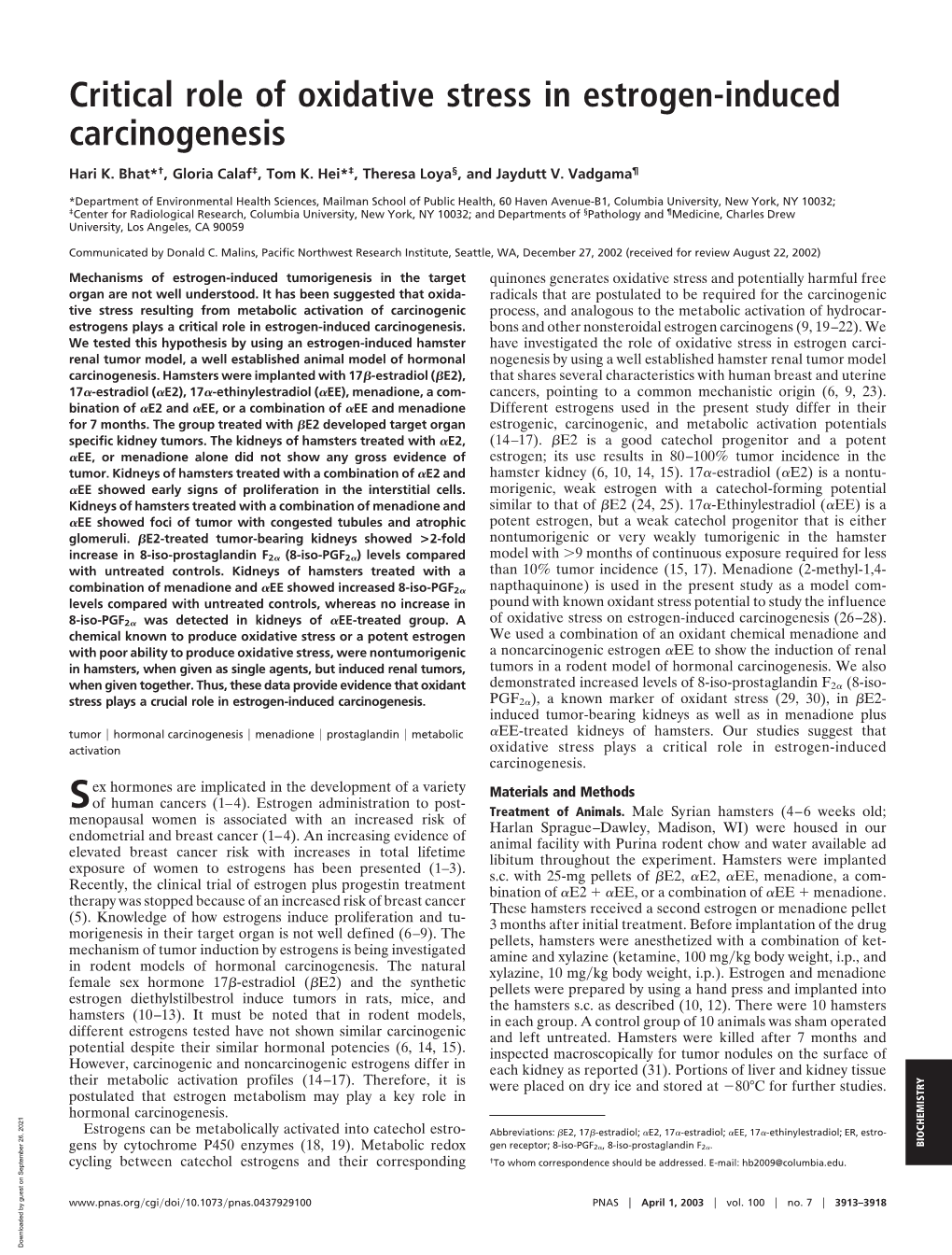 Critical Role of Oxidative Stress in Estrogen-Induced Carcinogenesis