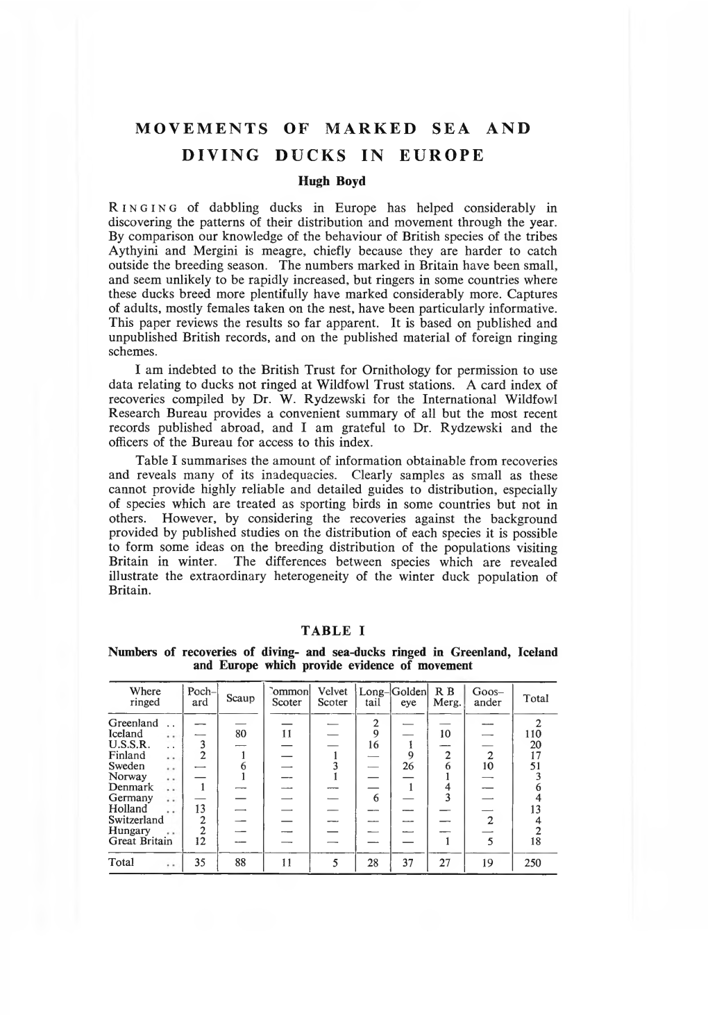 MOVEMENTS of MARKED SEA and DIVING DUCKS in EUROPE Hugh Boyd