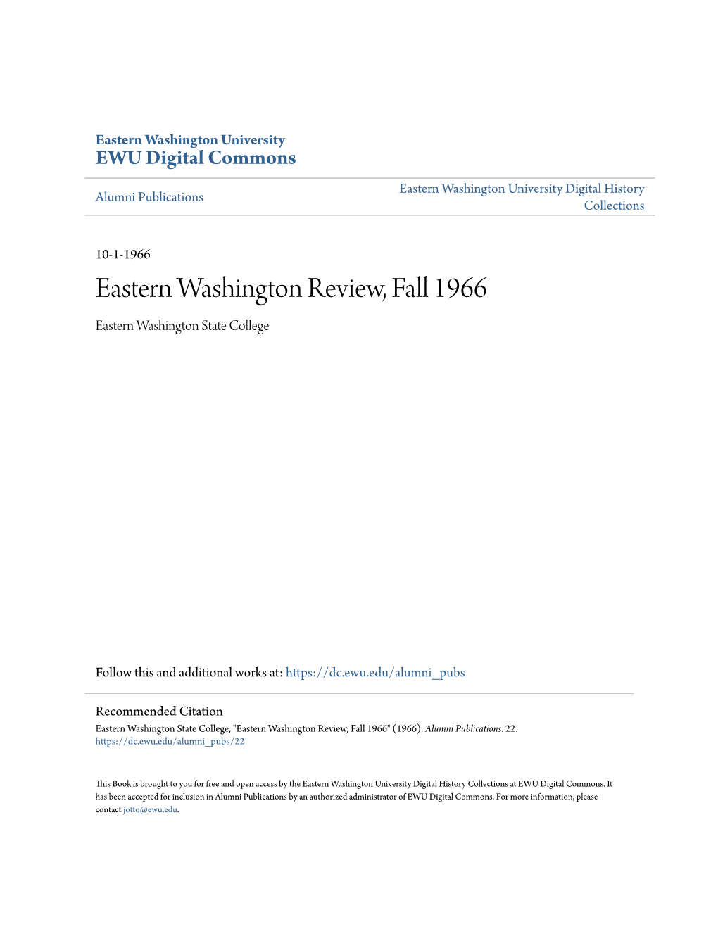 Eastern Washington Review, Fall 1966 Eastern Washington State College
