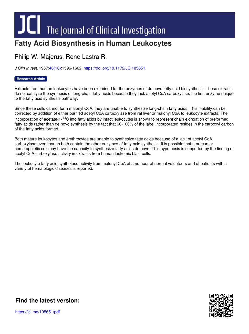 Fatty Acid Biosynthesis in Human Leukocytes