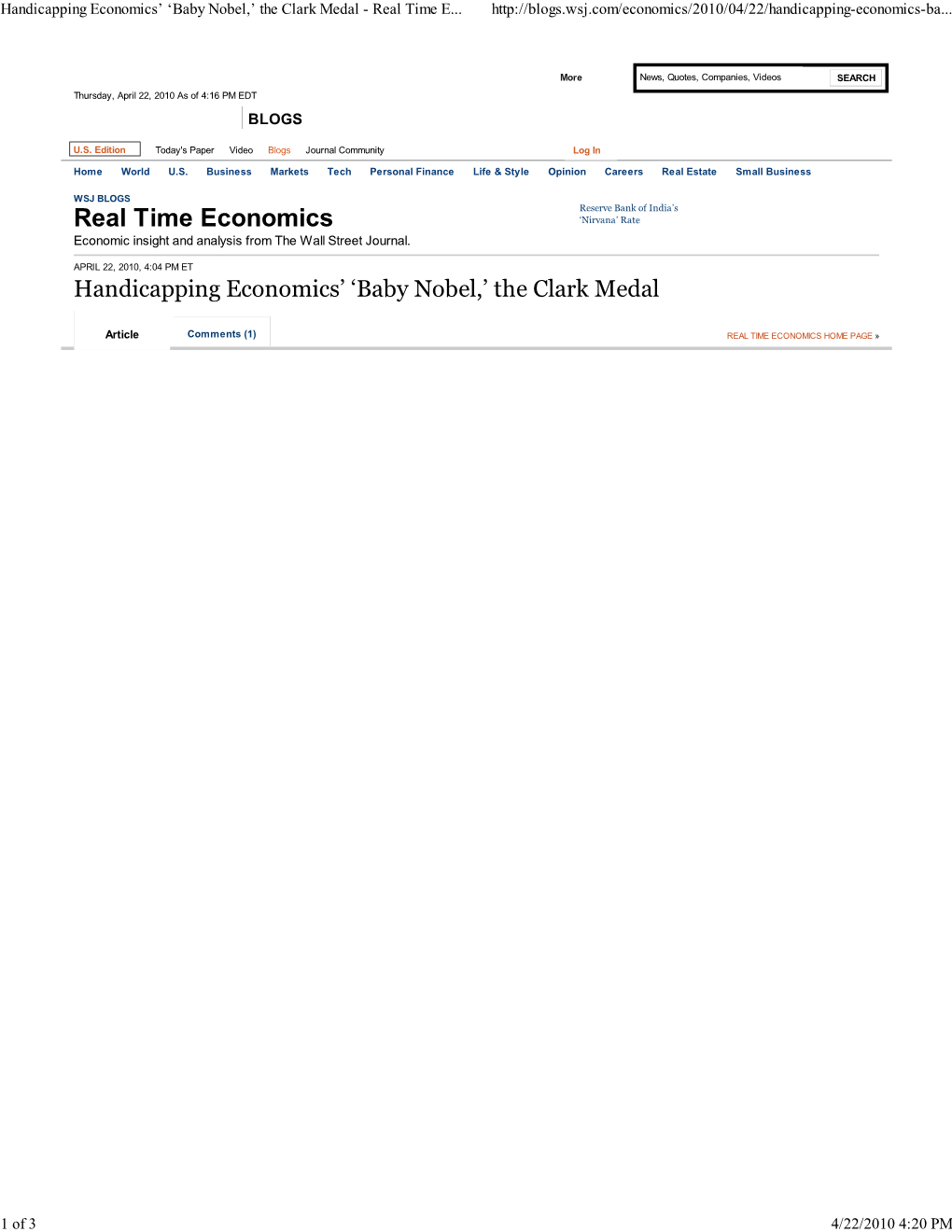 Handicapping Economics’ ‘Baby Nobel,’ the Clark Medal - Real Time E