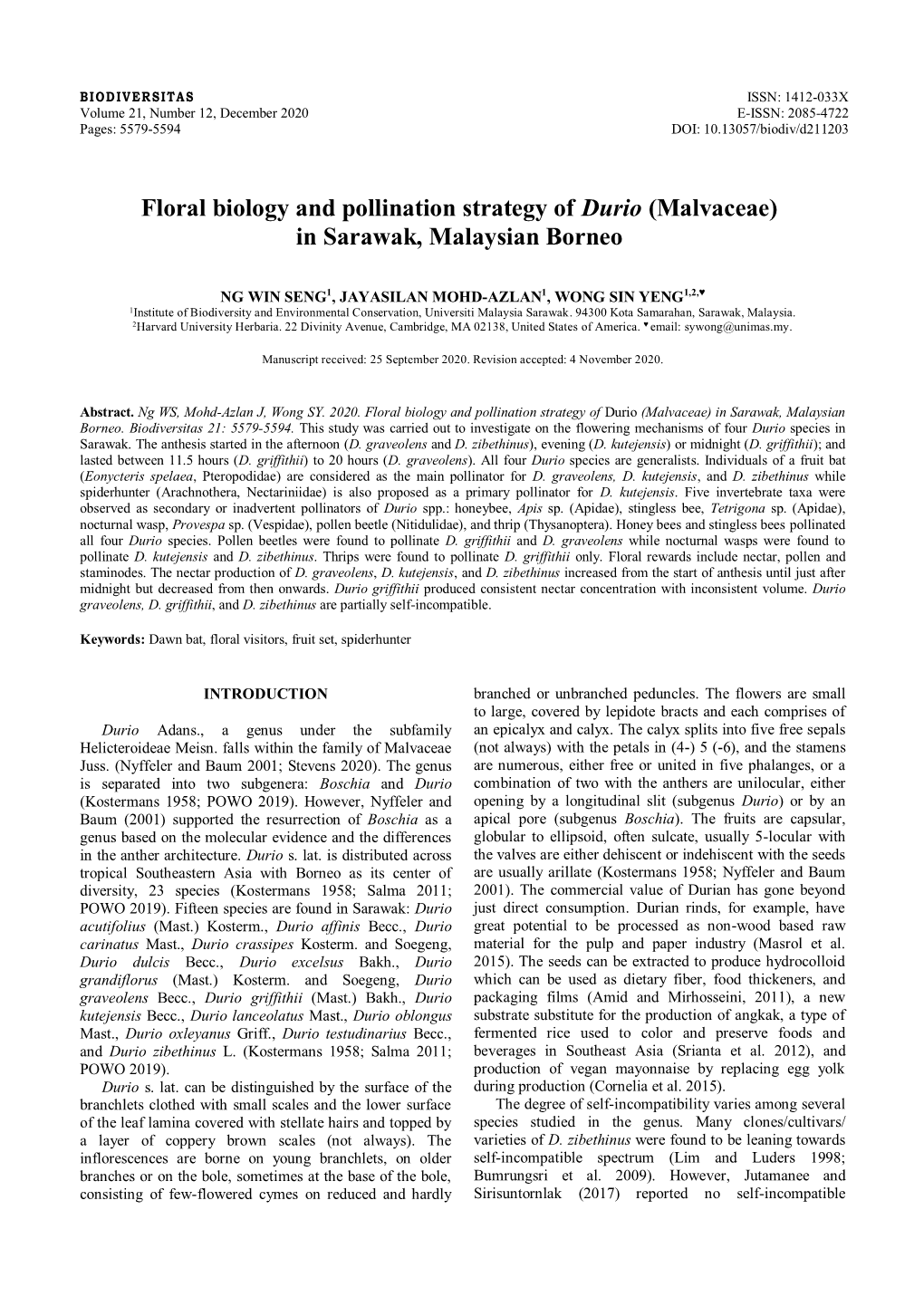 Floral Biology and Pollination Strategy of Durio (Malvaceae) in Sarawak, Malaysian Borneo