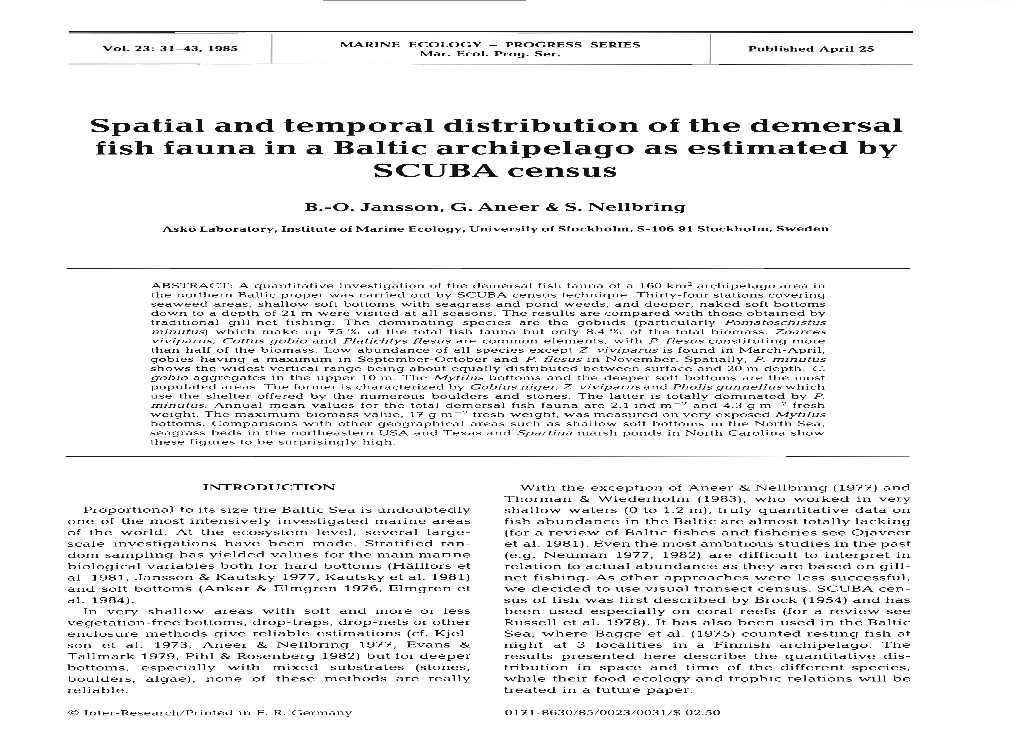 Spatial and Temporal Distribution of the Demersal Fish Fauna in a Baltic Archipelago As Estimated by SCUBA Census