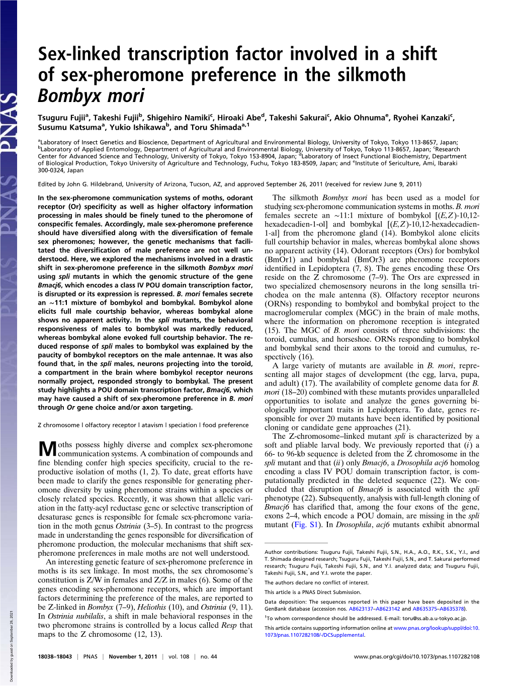 Sex-Linked Transcription Factor Involved in a Shift of Sex-Pheromone Preference in the Silkmoth Bombyx Mori