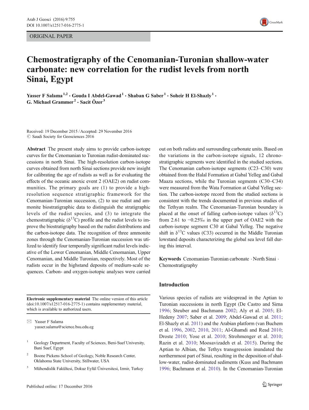 Chemostratigraphy of the Cenomanian-Turonian Shallow-Water Carbonate: New Correlation for the Rudist Levels from North Sinai, Egypt