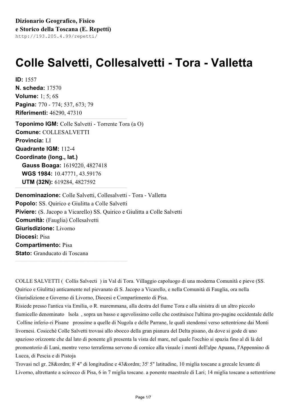 Colle Salvetti, Collesalvetti - Tora - Valletta