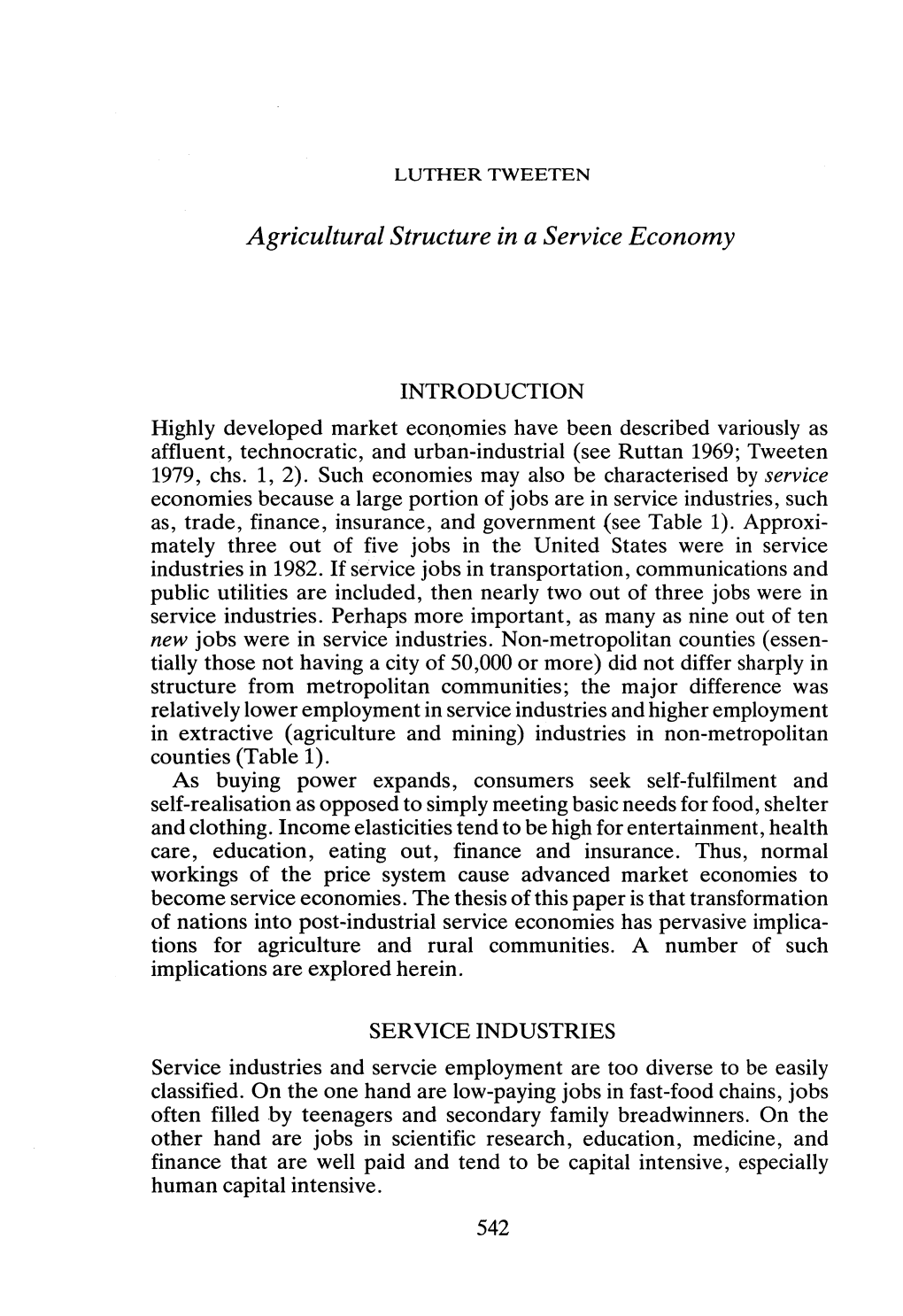 Agricultural Structure in a Service Economy