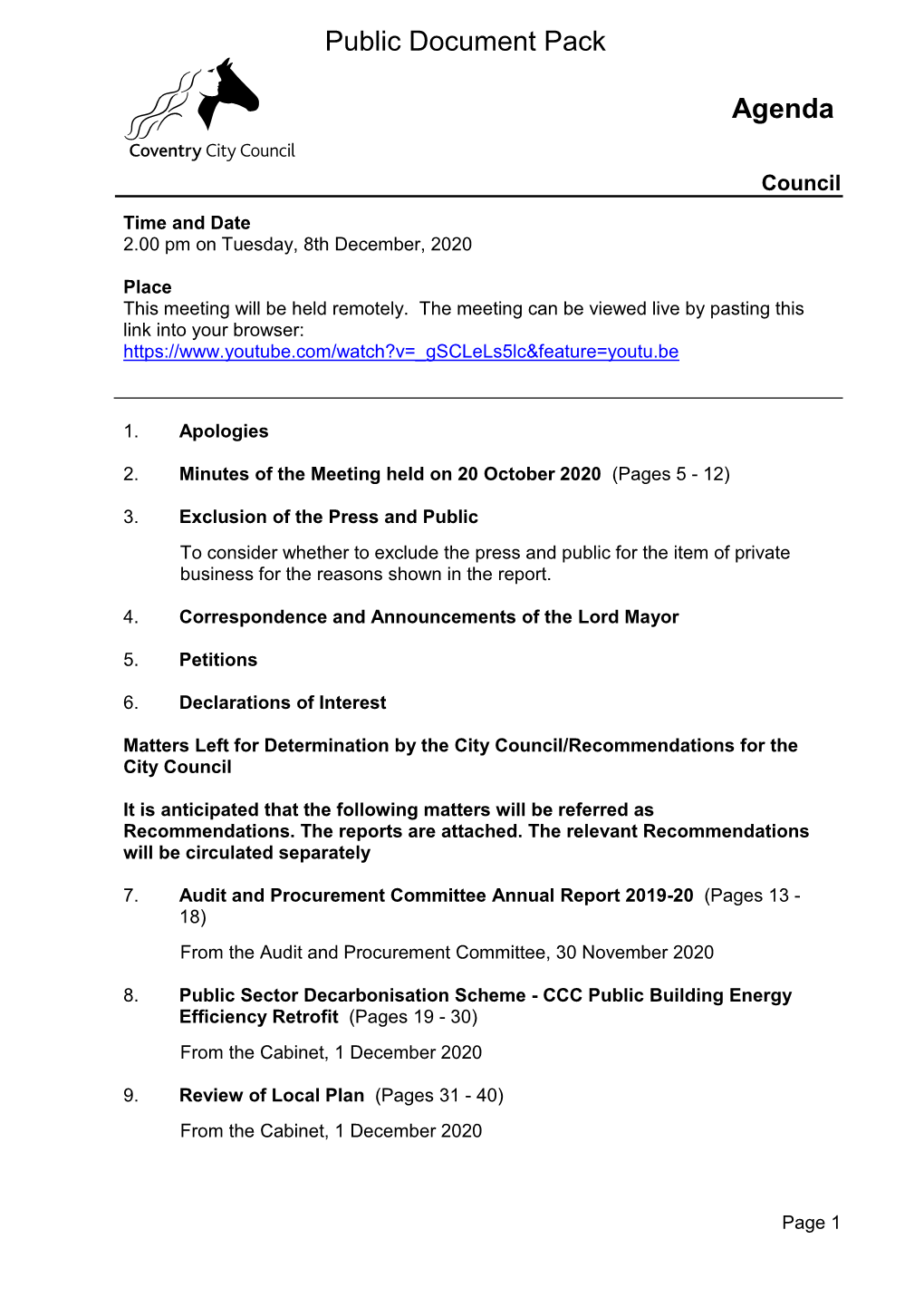 (Public Pack)Agenda Document for Council, 08/12/2020 14:00