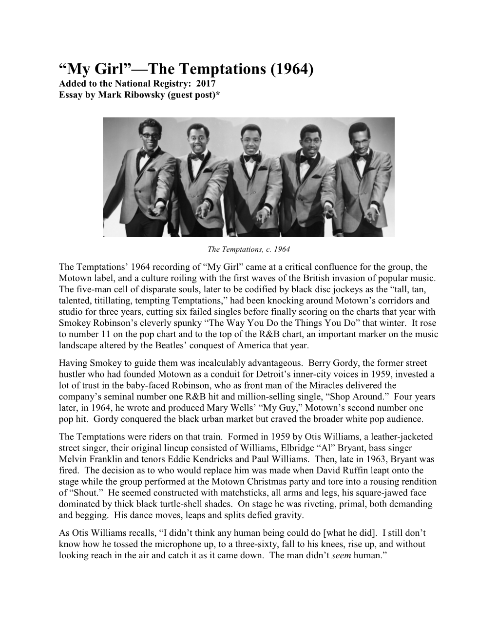 “My Girl”—The Temptations (1964) Added to the National Registry: 2017 Essay by Mark Ribowsky (Guest Post)*