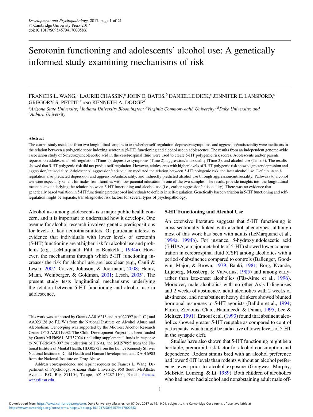 Serotonin Functioning and Adolescents' Alcohol