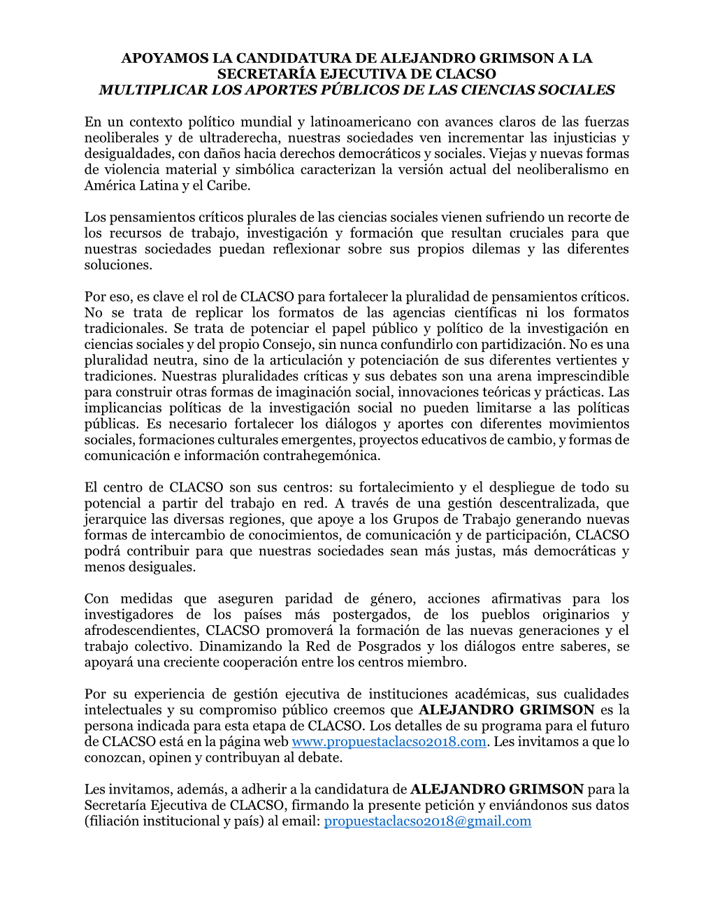 Apoyamos La Candidatura De Alejandro Grimson a La Secretaría Ejecutiva De Clacso Multiplicar Los Aportes Públicos De Las Ciencias Sociales