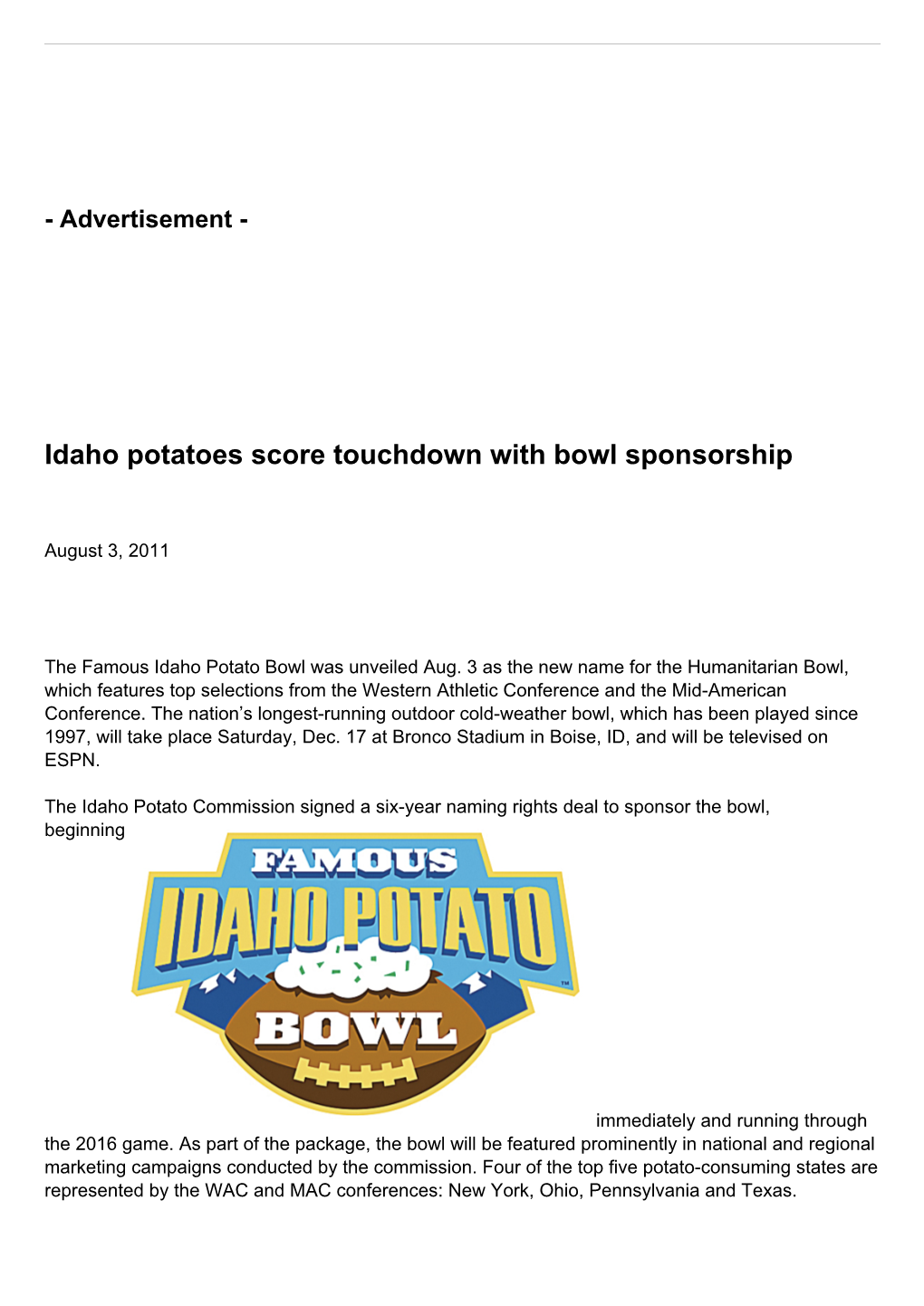 Idaho Potatoes Score Touchdown with Bowl Sponsorship