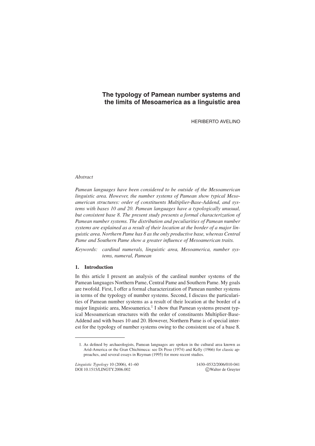 The Typology of Pamean Number Systems and the Limits of Mesoamerica As a Linguistic Area