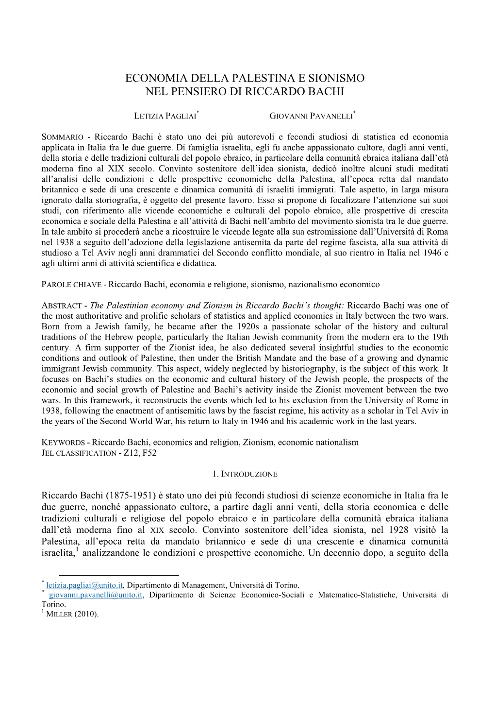 Economia Della Palestina E Sionismo Nel Pensiero Di Riccardo Bachi