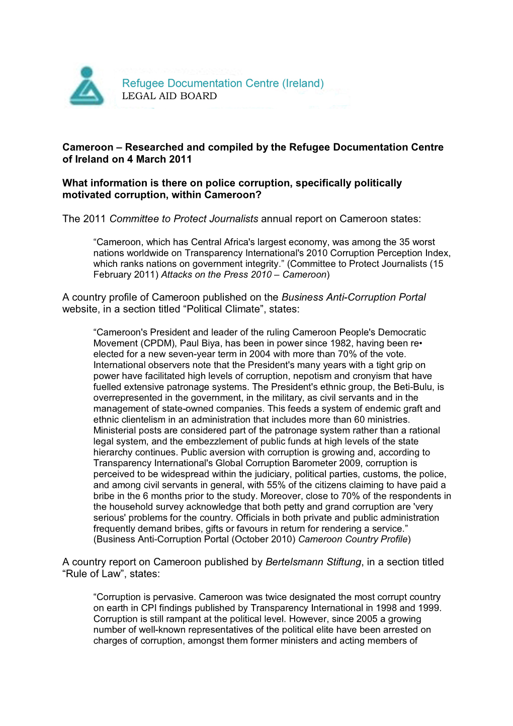 Cameroon – Researched and Compiled by the Refugee Documentation Centre of Ireland on 4 March 2011