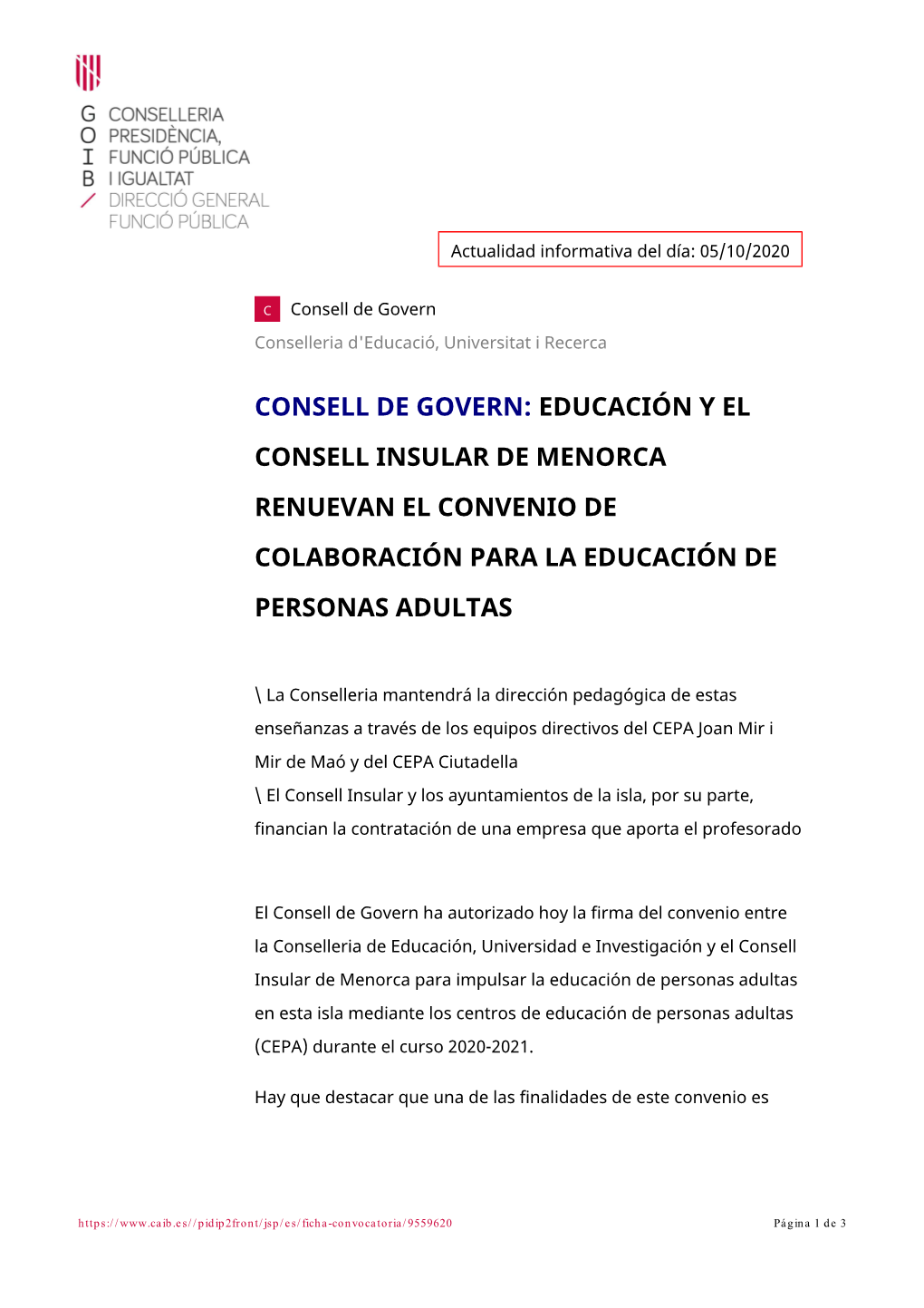 Educación Y El Consell Insular De Menorca Renuevan El Convenio De Colaboración Para La Educación De Personas Adultas