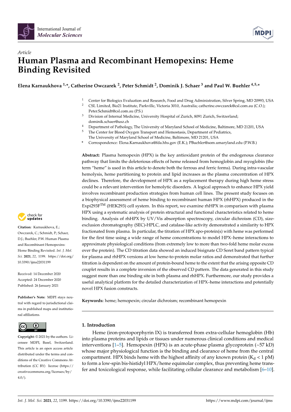 Human Plasma and Recombinant Hemopexins: Heme Binding Revisited