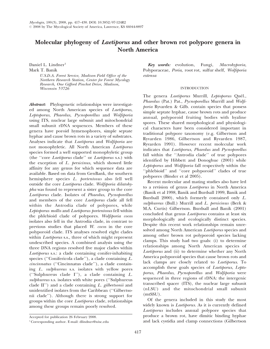 Molecular Phylogeny of Laetiporus and Other Brown Rot Polypore Genera in North America