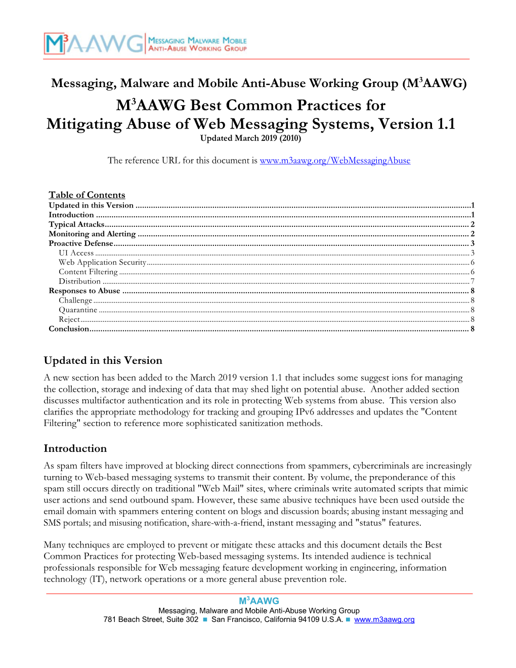 M3AAWG Best Common Practices for Mitigating Abuse of Web Messaging Systems, Version 1.1 Updated March 2019 (2010)