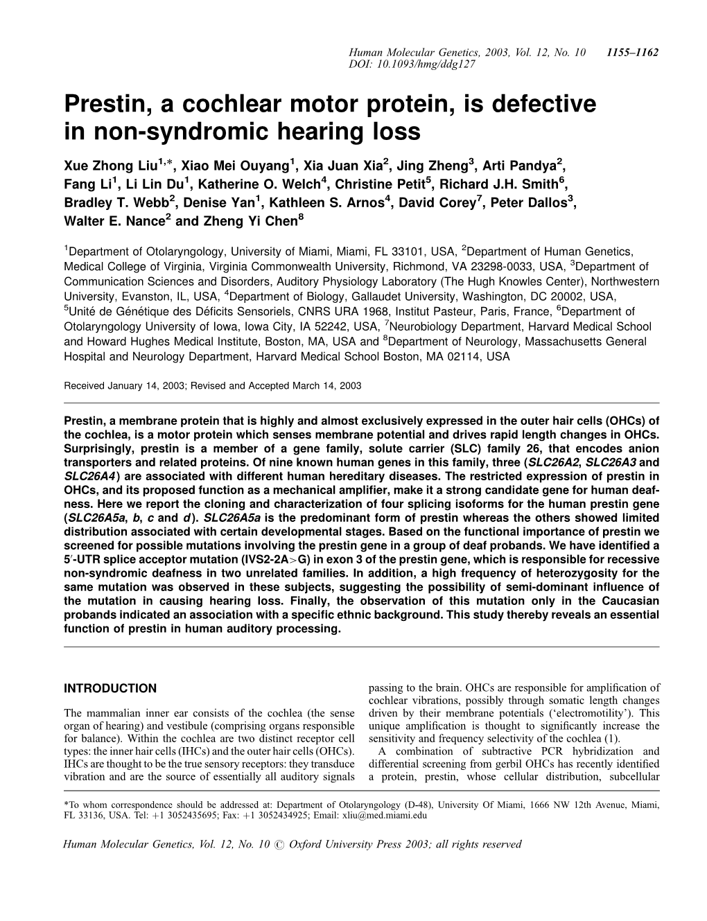 Prestin, a Cochlear Motor Protein, Is Defective in Non-Syndromic Hearing Loss