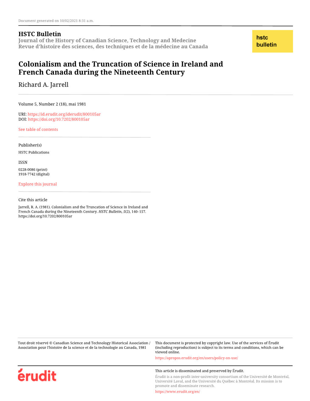 Colonialism and the Truncation of Science in Ireland and French Canada During the Nineteenth Century Richard A