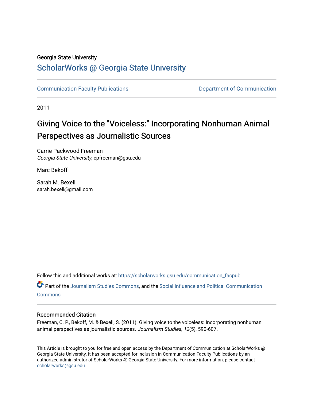 Giving Voice to the "Voiceless:" Incorporating Nonhuman Animal Perspectives As Journalistic Sources