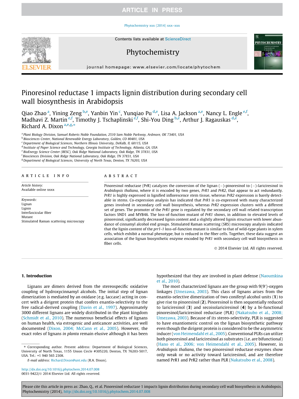 Pinoresinol Reductase 1 Impacts Lignin Distribution During Secondary Cell Wall Biosynthesis in Arabidopsis