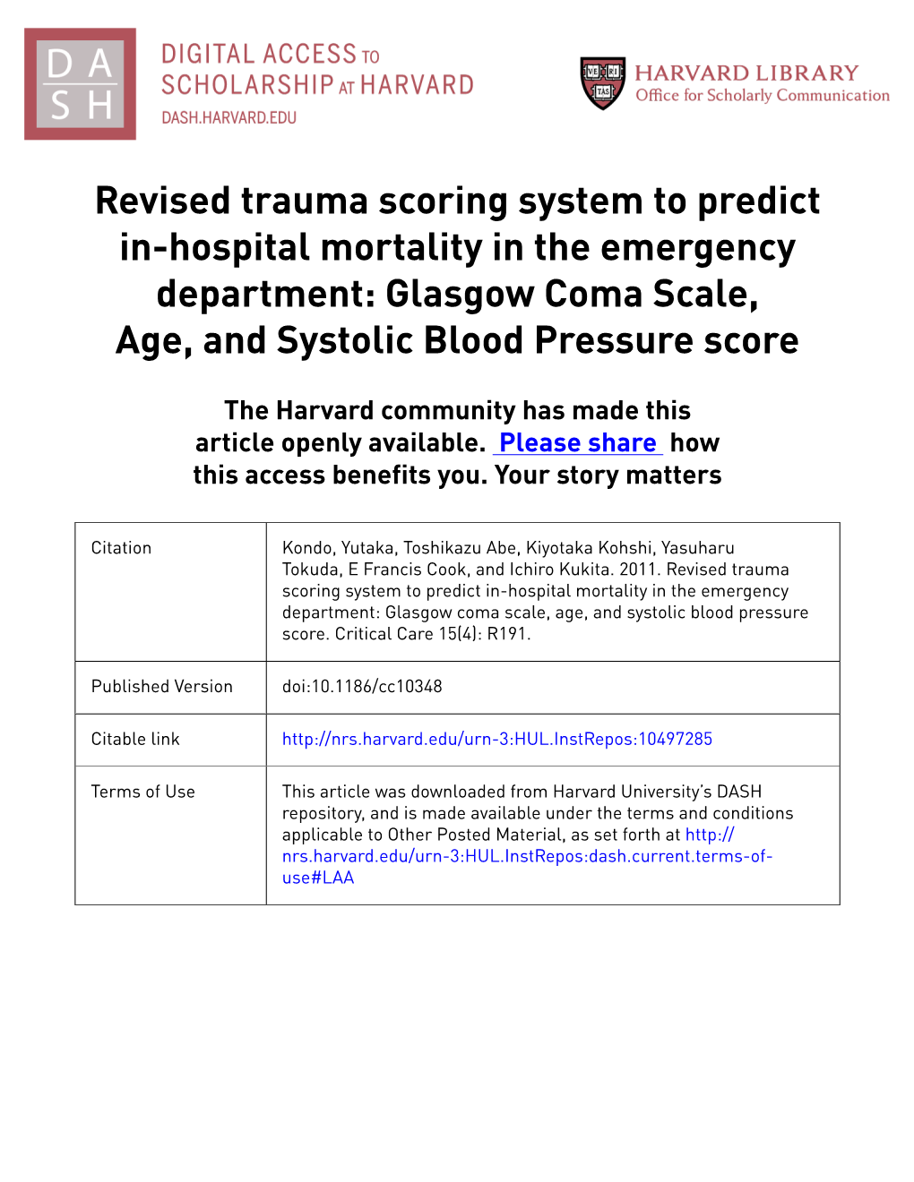 Revised Trauma Scoring System to Predict In-Hospital Mortality in the Emergency Department: Glasgow Coma Scale, Age, and Systolic Blood Pressure Score