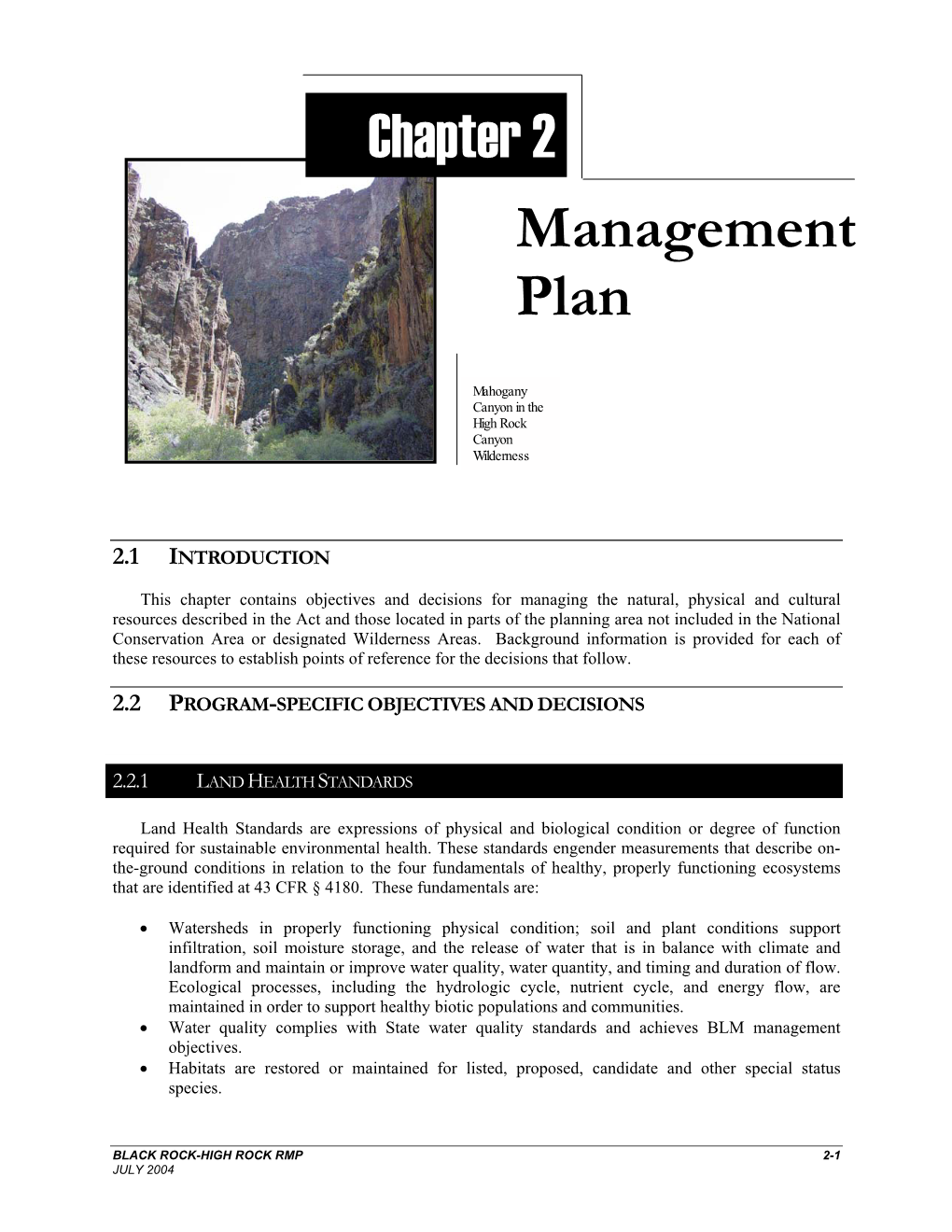 Chapter 2 Management Plan