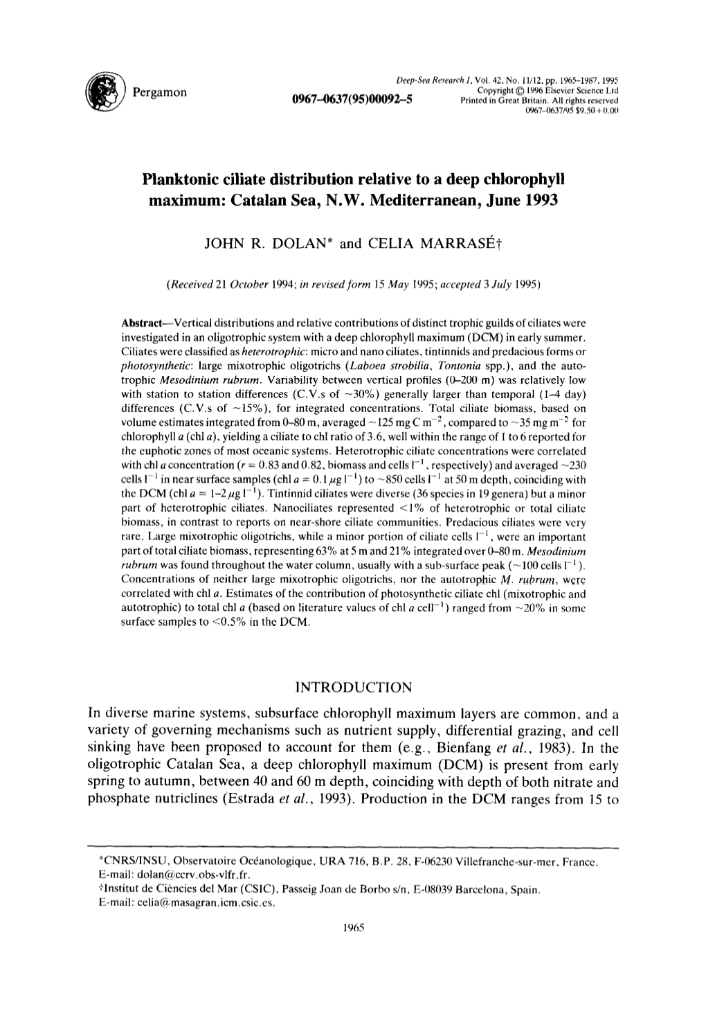 Planktonic Ciliate Distribution Relative to a Deep Chlorophyll Maximum: Catalan Sea, N.W