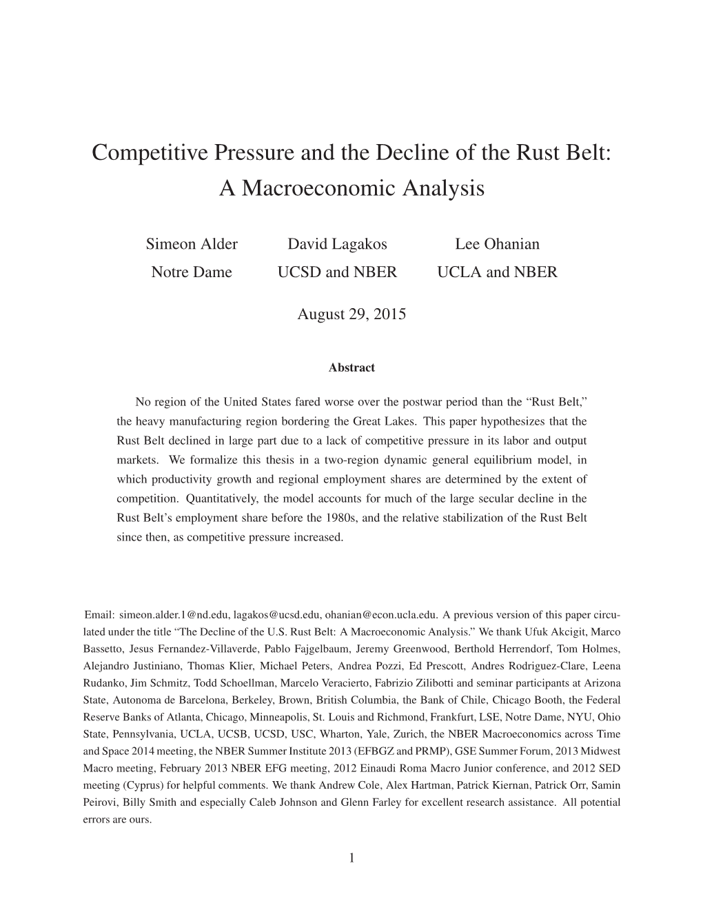 Competitive Pressure and the Decline of the Rust Belt: a Macroeconomic Analysis