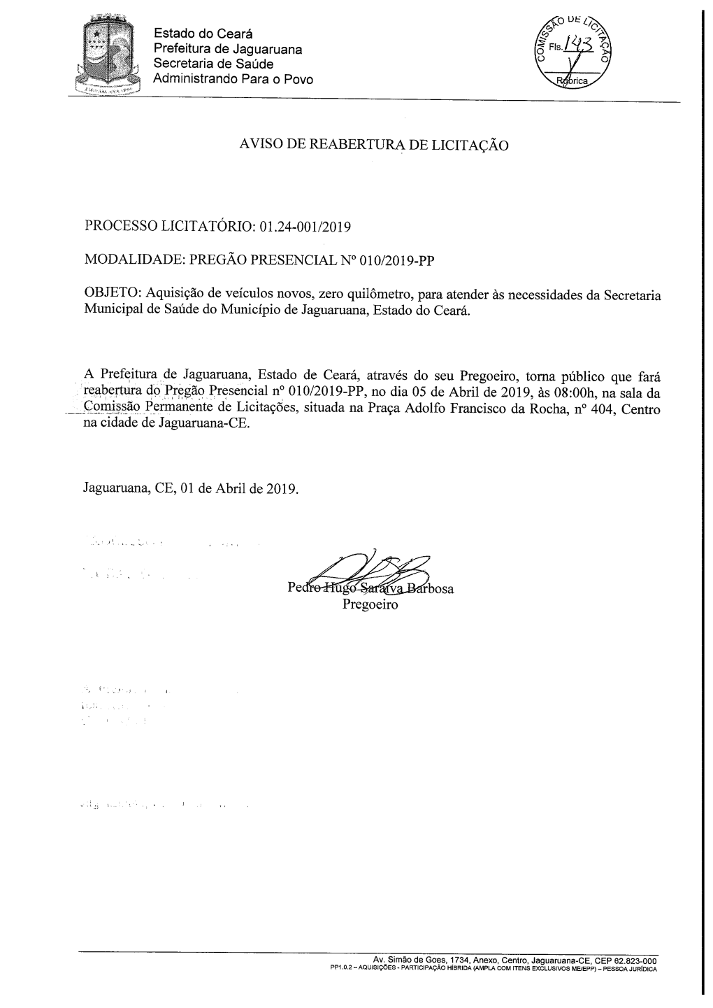 Estado Do Ceará Prefeitura De Jaguaruana Secretaria De Saúde Administrando Para O Povo