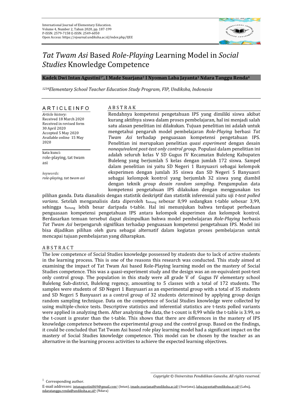 Tat Twam Asi Based Role-Playing Learning Model in Social Studies Knowledge Competence