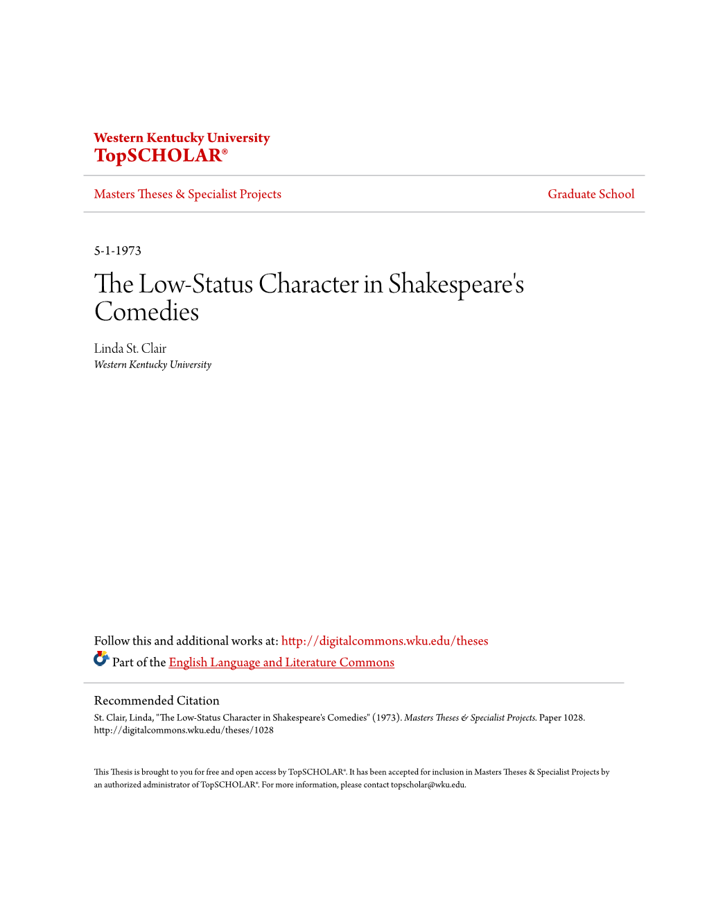 The Low-Status Character in Shakespeare's Comedies Linda St