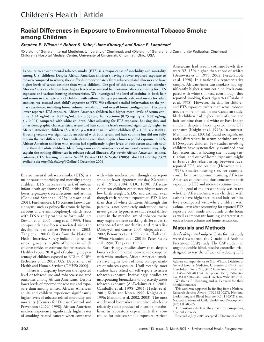 Racial Differences in Exposure to Environmental Tobacco Smoke Among Children Stephen E