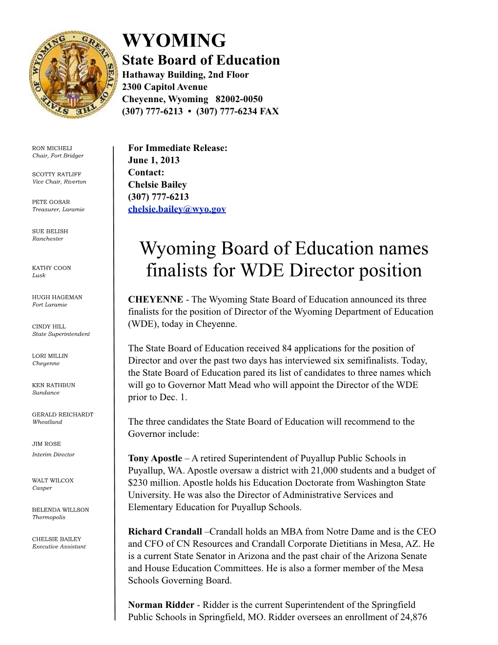 State Board to Interview
