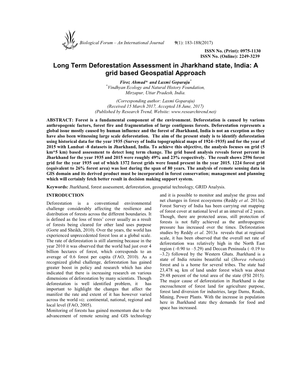 Long Term Deforestation Assessment in Jharkhand State, India: a Grid Based Geospatial Approach