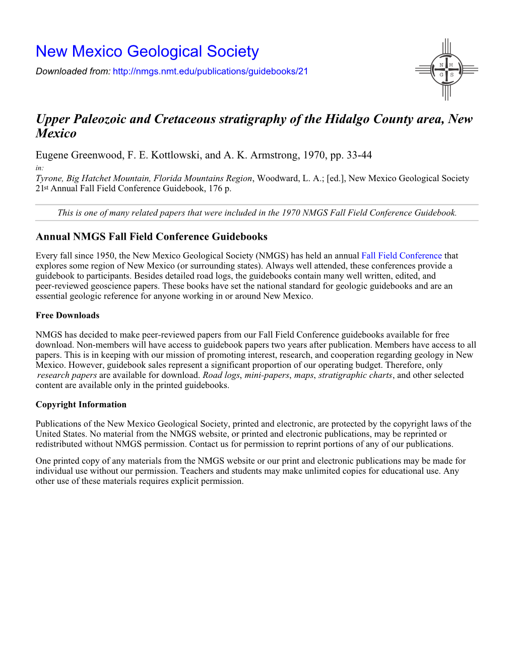 Upper Paleozoic and Cretaceous Stratigraphy of the Hidalgo County Area, New Mexico Eugene Greenwood, F