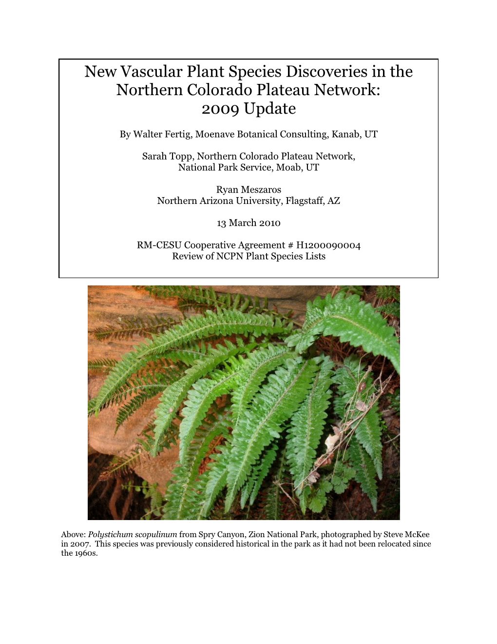 New Vascular Plant Species Discoveries in the Northern Colorado Plateau Network: 2009 Update
