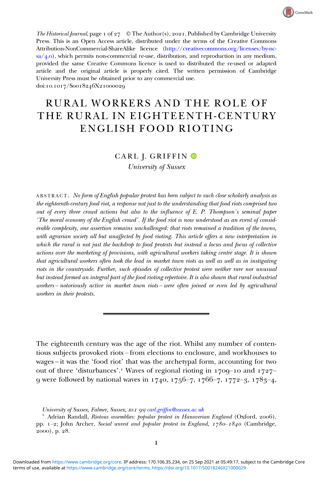 Rural Workers and the Role of the Rural in Eighteenth-Century English Food Rioting