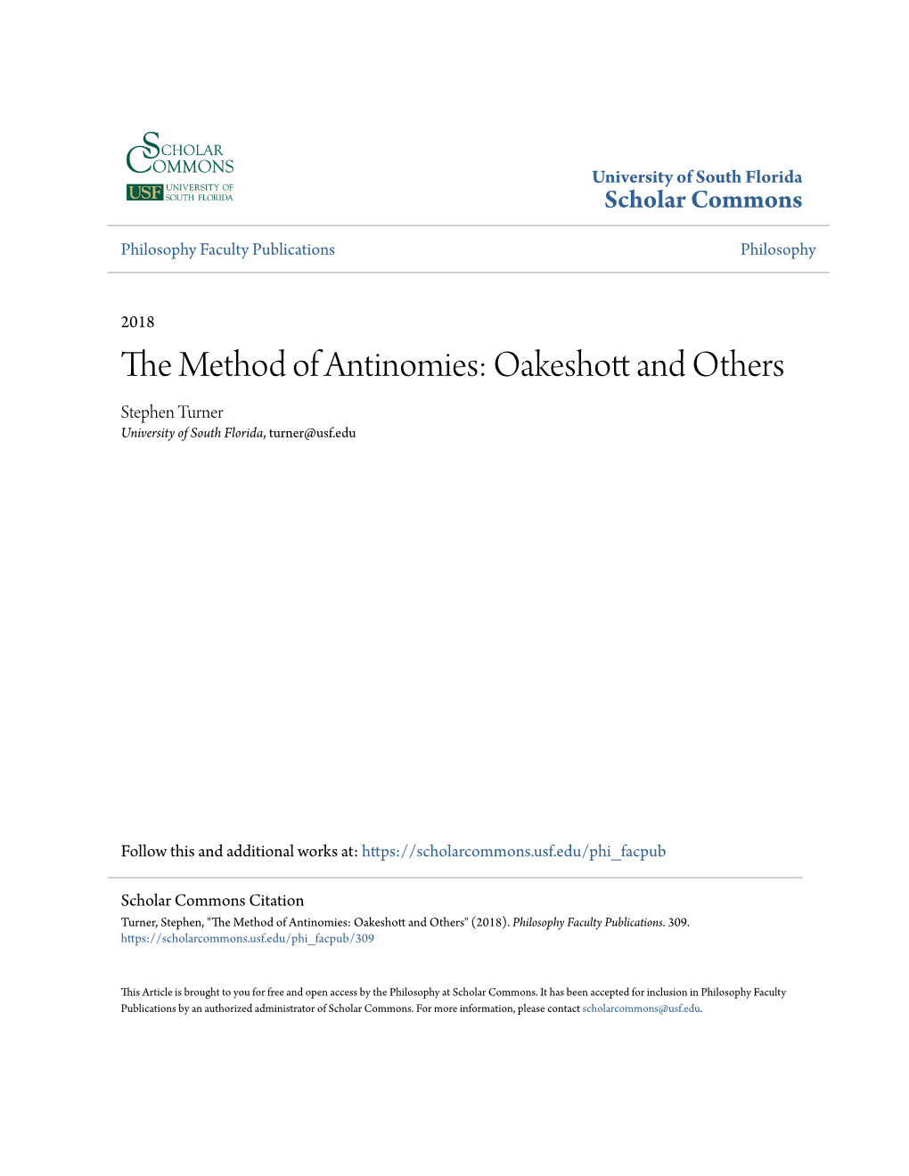 The Method of Antinomies: Oakeshott and Others Others and Oakeshott Antinomies: of Method the VOLUME 6 | ISSUE 1 + 2 2018 6 | ISSUE VOLUME