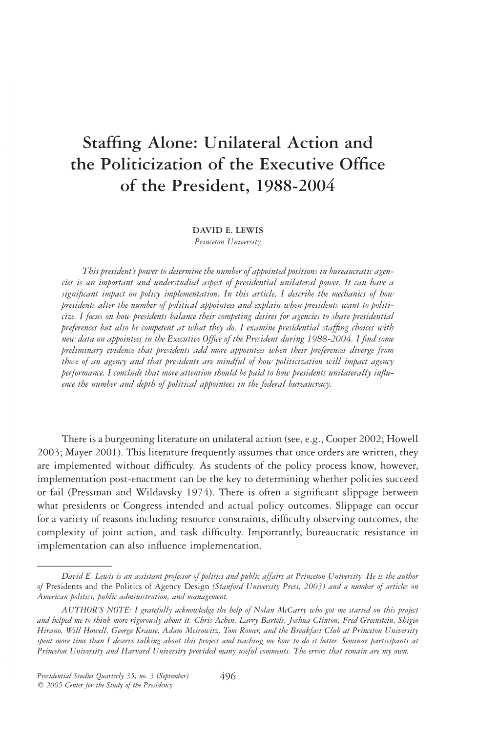 Staffing Alone: Unilateral Action and the Politicization of the Executive