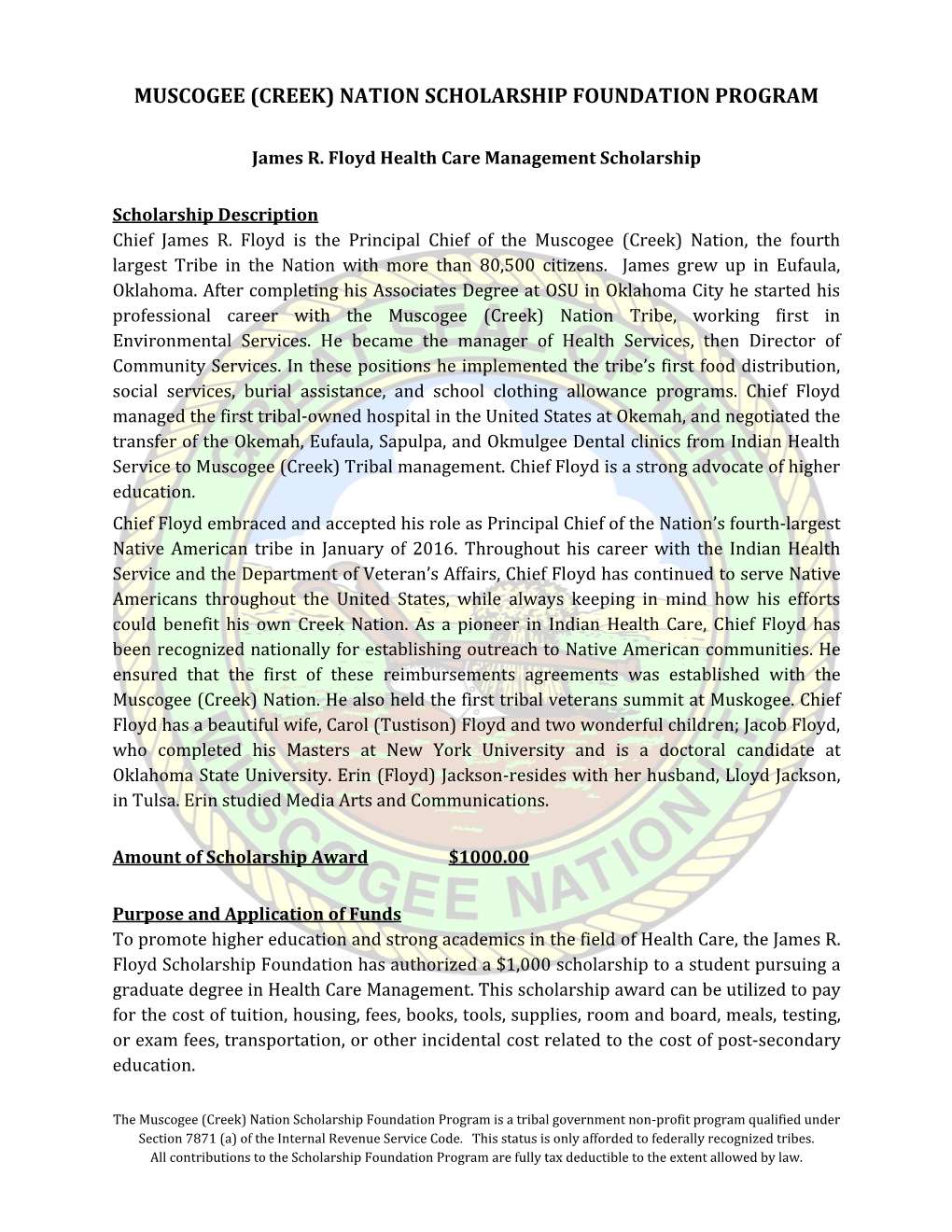 Muscogee (Creek) Nation Scholarship Foundation Program