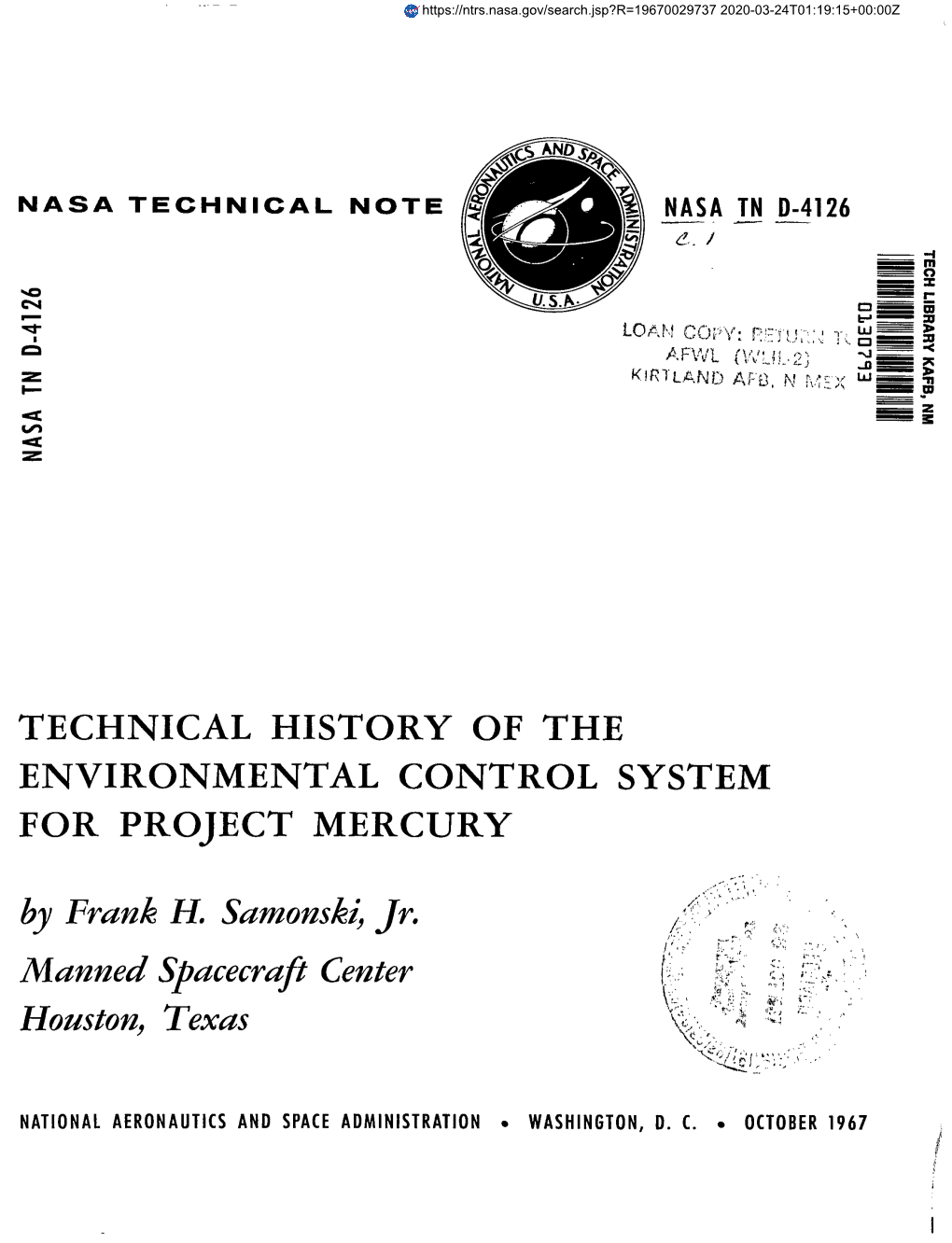 Technical History of the Environmental Control System for Project Mercury