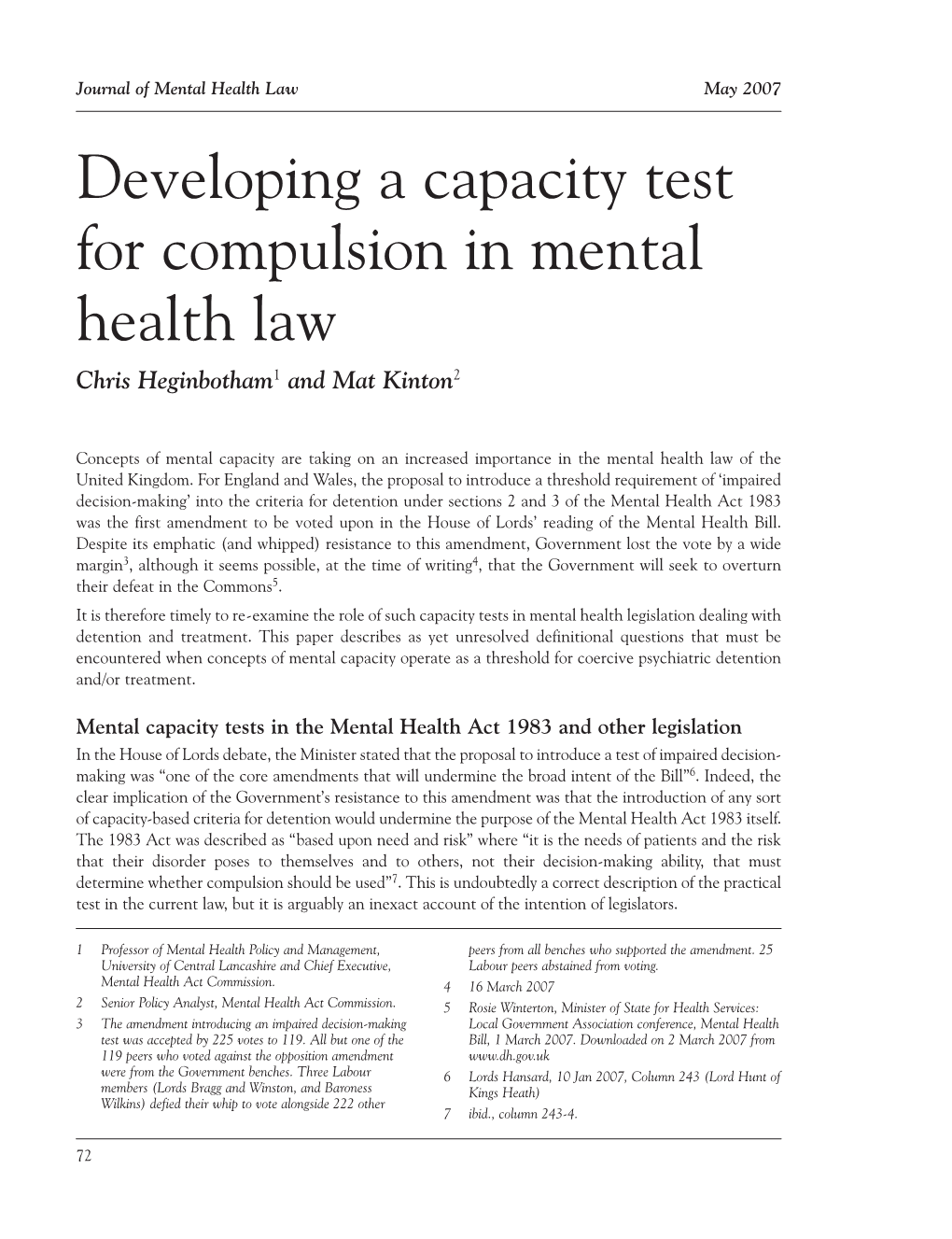 Developing a Capacity Test for Compulsion in Mental Health Law Chris Heginbotham1 and Mat Kinton2