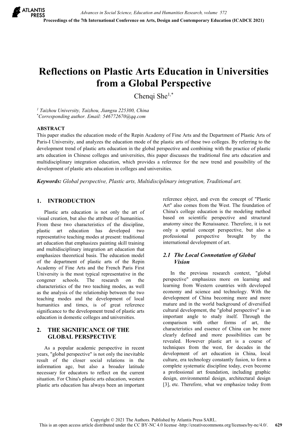 Reflections on Plastic Arts Education in Universities from a Global Perspective Chenqi She1,*