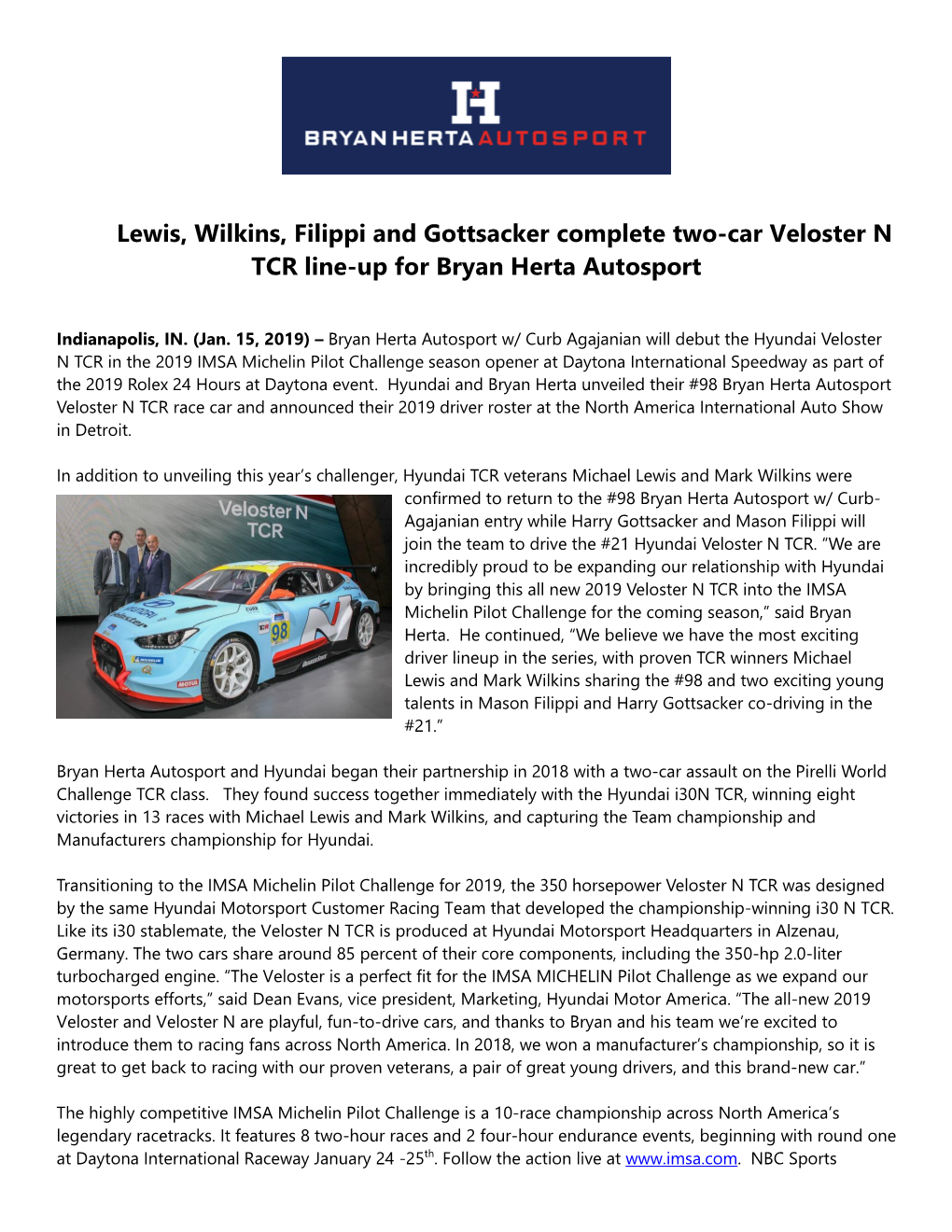 Lewis, Wilkins, Filippi and Gottsacker Complete Two-Car Veloster N TCR Line-Up for Bryan Herta Autosport